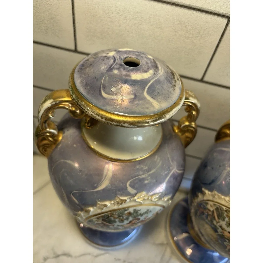 Vintage Le Mieux China 22K Gold Hand Decorated Courting Couple Vase Pair
